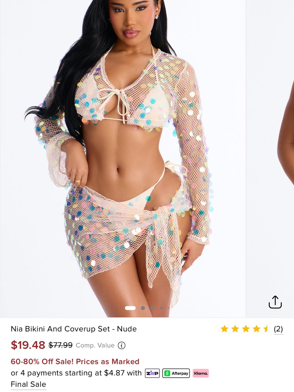 Fashion Nova Nude Sequin Mesh Bikini & Sheer Coverup Set